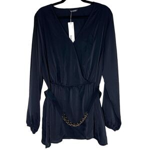 NEW Bloomchic Long Sleeve Faux Wrap Belted Black Blouse 2X